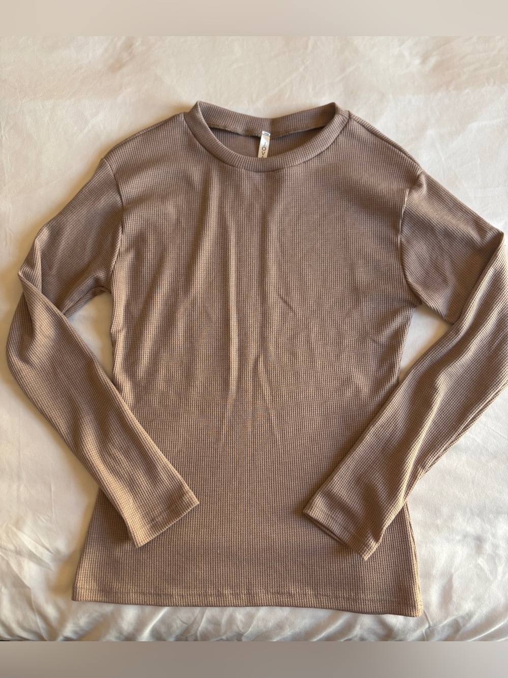 Jova Tan Thermal Crewneck Long Sleeve Top Basics Neutral Fall Winter